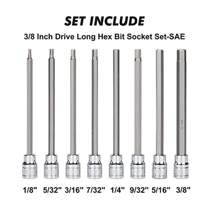 CASOMAN 18 Pieces 3/8 Inch Drive Long Hex Bit Socket Set,1/8 Inch to 3/8 Inch, 3mm to 10mm, SAE&Metric, Extra Long Allen Hex Bit Socket Set, CR-V and S2 Steel - size: 18 Pieces Metric & SAE