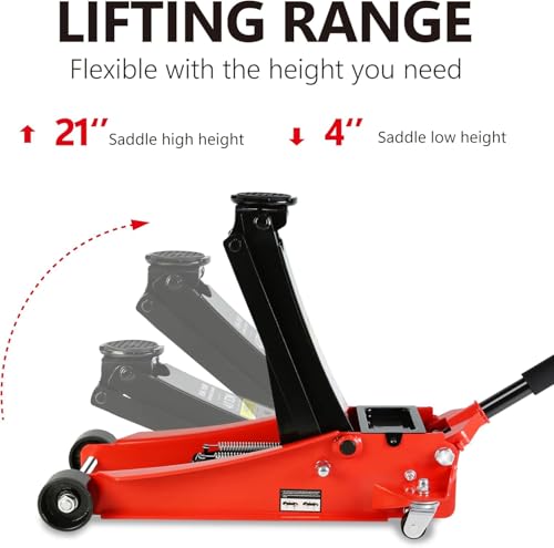 4 Ton Low Profile Floor Jack, Heavy Duty Floor Jack with Dual Pistons Quick Lift Pump, Steel Car Jacks Adjustable Height 4"-21", Hydraulic Trolley Floor Jacks 4 Ton/8000 LBS Capacity, Red - color: Red - 4 Ton(Dual Pump), Lift 4"-21"
