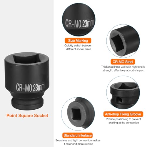 HARFINGTON 2pcs 4 Point Square Socket 1/2" Drive 23mm Metric Square Impact Socket CR-MO Blackening Standard Wheel Sockets Pneumatic Socket Tool for Auto Repair Mechanical Maintenance Home Use - size: 23mm