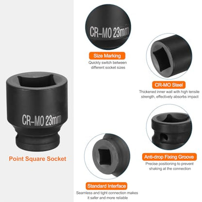 HARFINGTON 4 Point Square Socket 1/2" Drive 23mm Metric Square Impact Socket CR-MO Blackening Standard Wheel Sockets Pneumatic Socket Tool for Auto Repair Mechanical Maintenance Home Use - size: 23mm