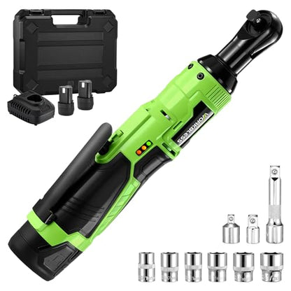 3/8" Electric Ratchet Wrench Set, 12V Cordless Ratchet, Power Socket Wrench Set with Variable Speed, 6 Sockets, LED Light, 1/4" Adapter, 1/2" Adapter, 2 x 2.0Ah Battery - style: Short neck & 2 batteries