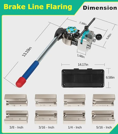 Professional Brake Line Flaring Tool Kit, 45 Degree Single, Bubble and Double Flares, Brake Line and Tubing Flaring Tool For 3/16", 1/4", 5/16", 3/8" Tubing, Brake Flare Tool for Steel Metal Tube