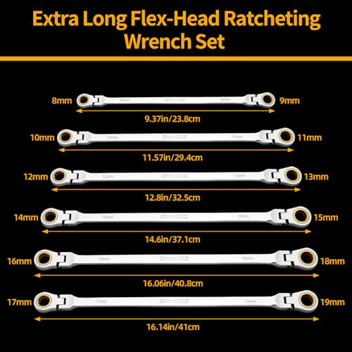 GRENPRO 6PCS Extra Long Ratcheting Wrench Set - 72-Tooth 12-Point 8-19mm, CR-V Steel Metric Double Box End Ratcheting Wrench Set, with Pouch & Size Gauge