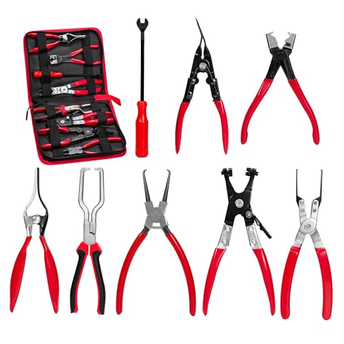8-Piece Fuel Line Disconnect Tool Set with Hose Clamp Pliers, Relay Puller, Panel Clip, Trim Clip & Push Pin Removal Tools for Automotive Repair