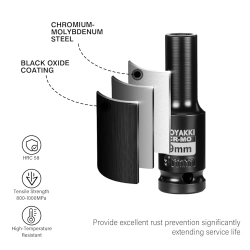 1/2" Drive 9mm Deep 6 Pt CR-MO Metric Impact Socket for Axle Nuts - size: 9mm, style: 1/2" Drive Deep