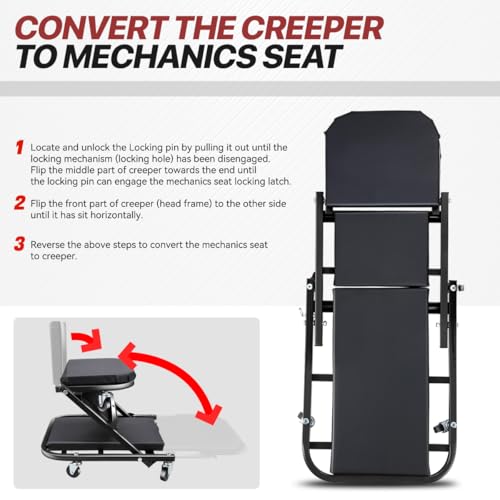 Foldable Creeper, 2-in-1 Rolling Garage Z Creeper Car & Seat, 40" Roller Mechanics Under Car Chair, 330 LBS Weight Capacity Heavy Duty, Black - color: Black, size: 40 Inch Length