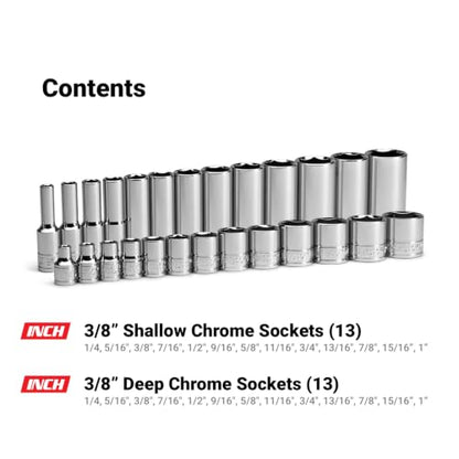 Capri Tools 3/8 in. Drive Shallow and Deep Chrome Sockets Set, SAE, 6-Point, 1/4 to 1-Inch, 26-Piece - size: Shallow & Deep Set / 1/4-1 in.