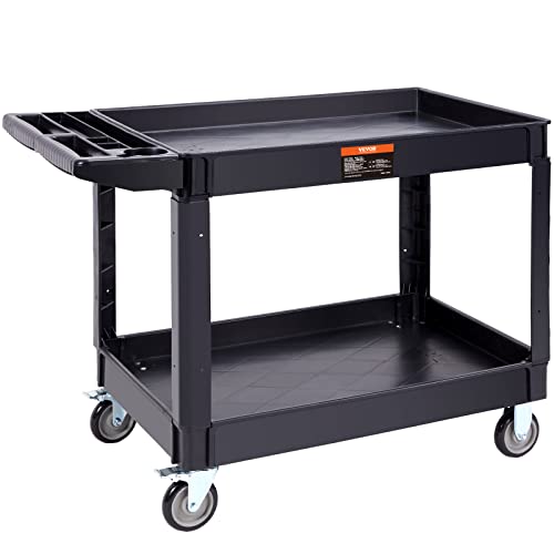 VEVOR Utility Service Cart 2 Shelf 550 lbs Heavy Duty Plastic Rolling Cart | Heavy Duty Utility Cart with 360° Swivel Wheels, Large Lipped Shelf, Ergonomic Storage Handle for Warehouse/Garage/Cleaning - size: 25.59"D x 45.67"W x 33.46"H