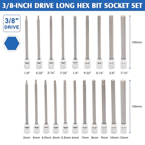 MIXPOWER 32PCS 3/8" Drive Extra Long Hex and Torx Bit Socket Set,SAE & Metric(1/8"-7/16",3mm-12mm,T10-T60),Length:150mm,CR-V and S2 Steel - size: 1/8" - 1/2", T10 - T60