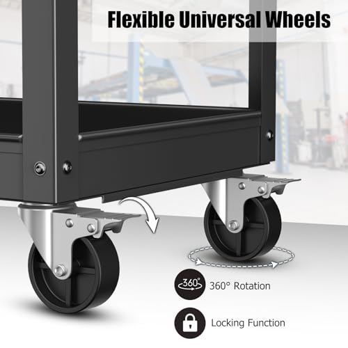 IRONMAX 3-Tier Utility Service Cart, 400 Lbs Heavy Duty Metal Rolling Trolley w/Ergonomic Flat Handle, Lockable 360° Swivel Wheels, Chic Mechanic Tool Cart for Garage Warehouse & Repair Shop - color: Black