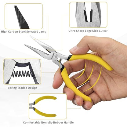 BOOSDEN 5 Inch Small Needle Nose Pliers Set of 5, Precision Long Nose Pliers with Side Cutter & Spring, Mini Fine Tip Jewelry Making Pliers for Electronics, Craft, DIY, Beading, Model Building - size: 5''-5 pack
