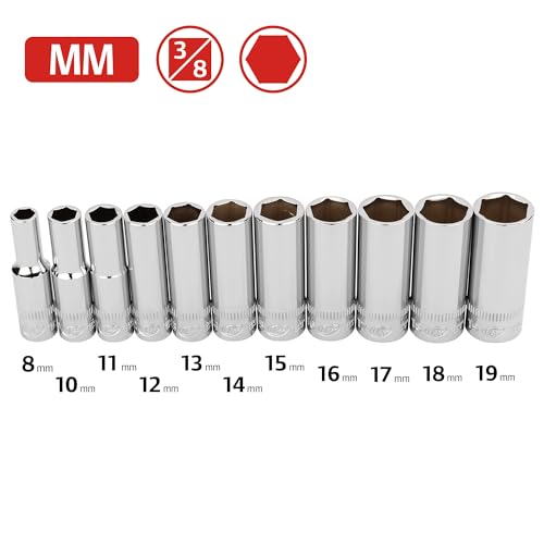 Ingersoll Rand 11-Piece 3/8 in. Drive Metric Deep Socket Set – 6-Point, Sizes 8mm to 19mm, Mirror-Polished Chrome Vanadium Steel with Vertical Knurling and Thermoform Tray – 752049X - size: 3/8 in. Drive Deep Socket Set, style: Metric