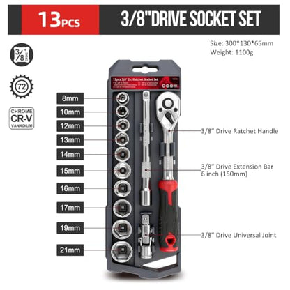13-Piece 3/8" Drive Socket Set, Metric (8mm-21mm), 72-Tooth Quick-Release Ratchet Wrench with 4-Inch Extension Bar & Universal Joint, Professional CR-V Steel Mechanics Tool Set for Auto Repair & DIY