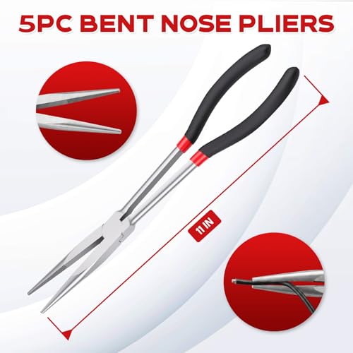 11 Inch 5Pcs Extra Long Needle Nose Pliers Set to Precision Work | Straight and 25°/45°/90°Bent, Circle Nose, Multi-Angle Tips for Tight Access, Long Nose Pliers for Narrow Spaces
