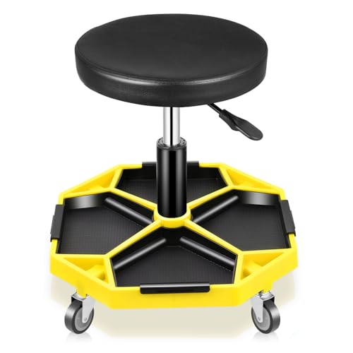 Auto Dynasty Mechanic Stool, Adjustable Rolling Pneumatic Creeper Garage Shop Seat with Tool Tray, 300 LBS Roller Seat for Workshop Auto Repair, Adjustable Height 15.7" to 21", Yellow - color: Yellow