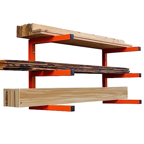 MOOMSINE Lumber Storage Rack Wall Mount, Heavy Duty Metal Wood Organizer with 3-Level Each Shelf Holds Up 200 Lbs, Indoor & Outdoor Use - color: Orange - 2 Pack