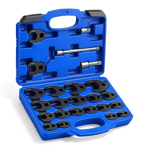 Lichamp 3/8" Drive Crows Foot Wrench Set, 24-Piece Flare Nut Crowfoot Wrench Set with Adapter & 2 Extension Bars