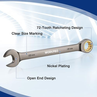 WORKPRO 22-Piece Ratcheting Wrench Set, Ratchet Combination Wrench Sets with Organizer Box, Nickel Plating, 72 Teeth, Metric 6-18mm & SAE 1/4-3/4" - style: Regular & Nickel Plating
