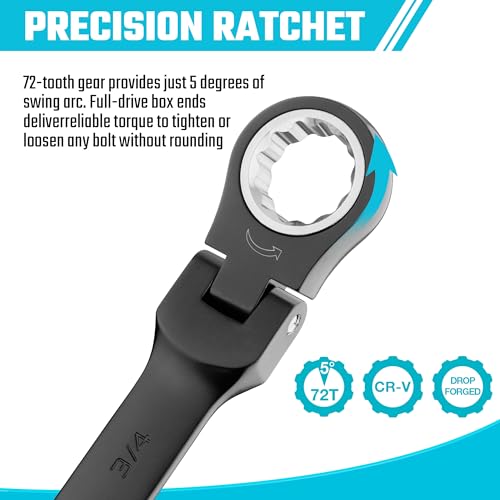DURATECH 9-Piece Flex-Head Ratcheting Wrench Set, Combination Wrench Set, 72 Tooth, SAE, 5/16'' to 3/4'', Black Electrophoretic Coating, CR-V Steel, with Rolling Pouch - color: Black, size: 5/16 - 3/4 inch
