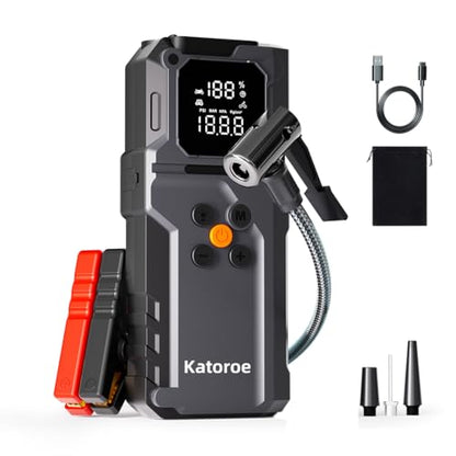Jump Starter with Air Compressor, Jump Box 4000A Portable Jump Starter (9.0L Gas/7.0L Diesel), 12V Car Battery Jumper Starter with 150PSI Tire Inflator, Display, 3 Mode Flashlight - color: coal black