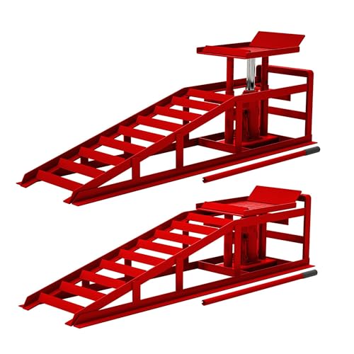 Hydraulic Car Ramps, 2 Pack Heavy Duty Low Profile Vehicle Lift Ramps, 5 Ton (10,000 LBS) Capacity, Non-Slip Service Ramps for Cars, Trucks, Trailers, Garage, Workshop Vehicle Ramps - Red