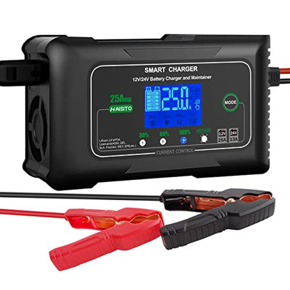 25 Amp Lithium Battery Charger, 12V and 24V Lifepo4,Lead-Acid(AGM/Gel/SLA..) Battery Charger,Battery Maintainer, Trickle Charger, and Battery Desulfator for Car,Boat,Motorcycle, Lawn Mower.