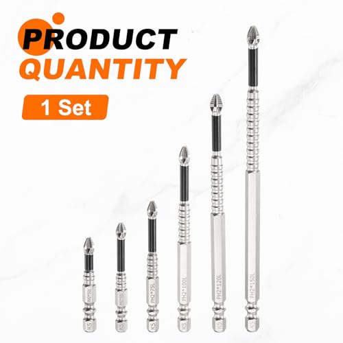 HARFINGTON 6pcs Impact Phillips Screwdriver Bit Kit PH2 (#2) Anti Slip Tip 1/4" Hex Shank 2+2.56+3+4+4.72+6" Magnetic Cross Screw Driver Industrial Power Drill Bits for Screws - size: 2+2.56+3+4+4.72+6 inch
