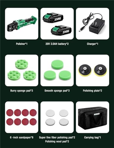 KIMO 20V Cordless Buffer Polisher Kit, 25Pcs Polishing Kit, 6 Speeds to 6000RPM Cordless Polisher with 2*2000mAh Batteries, 4 Inch Buffer Polisher for Car, Motorcycle, Truck Detailing, Scratch Remover