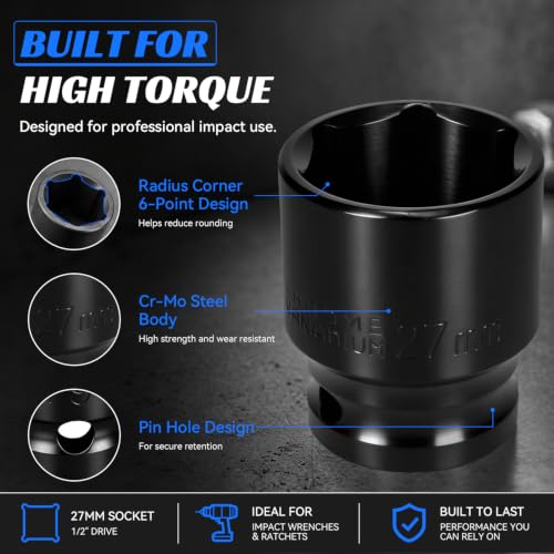 2PCS 27mm Impact Socket 1/2" Drive, 6 Point Metric Shallow Socket, CR-V Steel Heavy Duty Impact Wrench Socket for Automotive Repair - size: 27mm