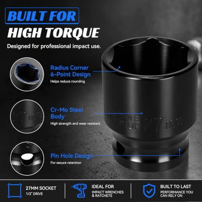 2PCS 27mm Impact Socket 1/2" Drive, 6 Point Metric Shallow Socket, CR-V Steel Heavy Duty Impact Wrench Socket for Automotive Repair - size: 27mm