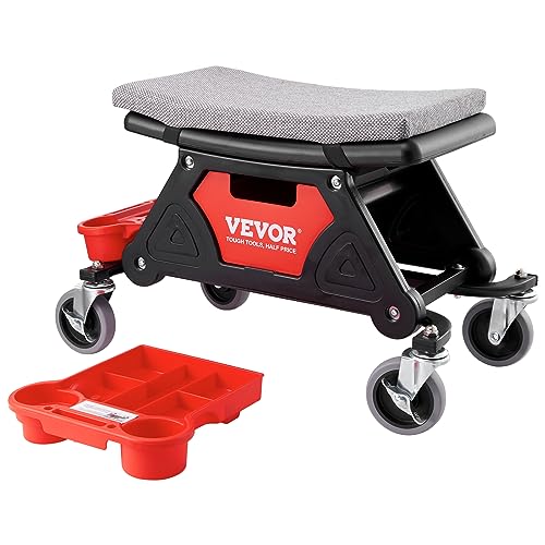 VEVOR Mechanic Stool 300 LBS Capacity Garage Stool Gift for Men, Heavy Duty Rolling Mechanics Seat, with Three Slide Out Tool Trays and Drawer, Tools for Automotive Auto Repair | Auto Repair Heavy Duty Plastic Rolling Mechanics Seat with Cushion, Three Sl