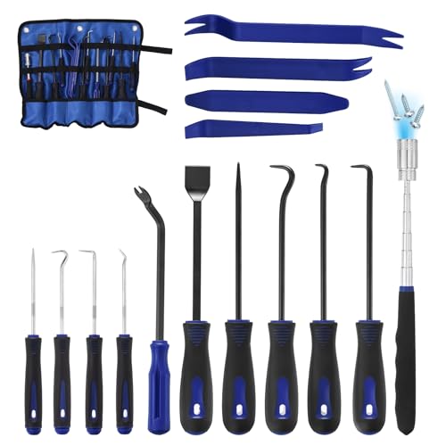 15Pcs Hook and Pick, Straight Head Magnetic Pickup Tool Plastic Pry Pieces Large Small Hook Short Pry Bar Gasket Scraper for Remove Hoses Gaskets Car Panel Fastener, Blue - color: Blue