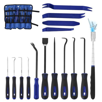 15Pcs Hook and Pick, Straight Head Magnetic Pickup Tool Plastic Pry Pieces Large Small Hook Short Pry Bar Gasket Scraper for Remove Hoses Gaskets Car Panel Fastener, Blue - color: Blue