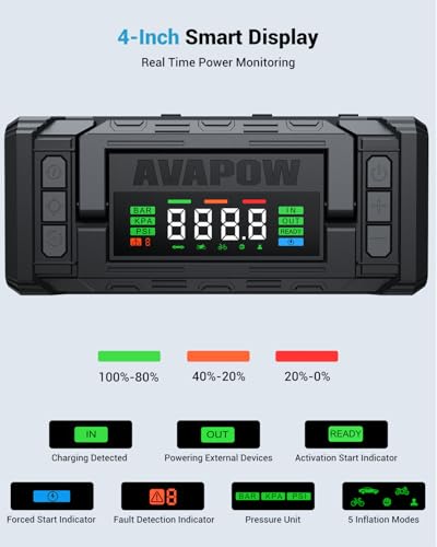 AVAPOW 10000A Jump Starter with Air Compressor, 12V Portable Jump Box | Starts All Gas & All Diesel, Built-in 150PSI Air Compressor, 30W PD Fast Charging, 4" HD Display, EVA Case - color: 10000A