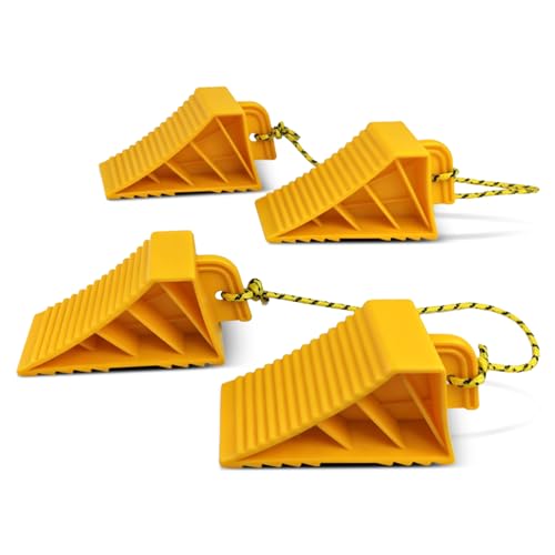 HOXWELL 2 Pair Wheel Chocks with Rope & Handle Design for Travel Trailers, Non Slip Yellow Wheel Chock, Lightweight Wheel Stoppers for Cars Campers Trucks RVs, Easy to Carry - color: Yellow-2 Pair