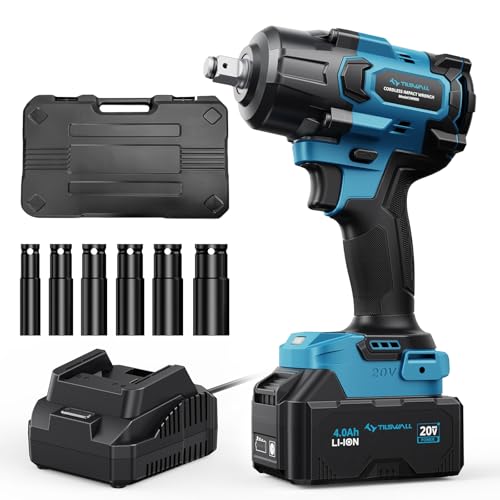 Tilswall Impact Wrench 1/2 Impact Gun,2500RPM,3-Speed Torque Settings (380/600/900N.m),20V Electric Cordless Impact Wrench Driver,3/8" Adapter,4Ah Battery & 2.0Ah Fast Charger for Home Car Truck Tools