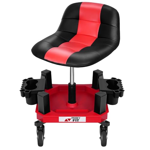 Rolling Shop Stool with Wheels, Adjustable Garage Mechanic Stool Seat Shop Roller Work Chair Mobile Rolling Seat with Tool Tray, 2 Cup Holders, 4" Casters, 350 LBS, Heavy-Duty, Red - color: Red