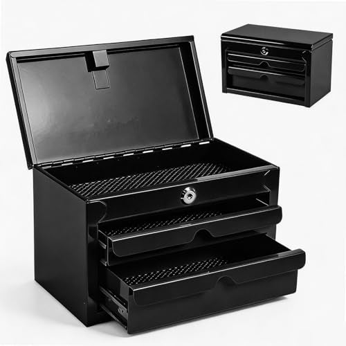 BIG RED Mini Steel Tool Box with Drawer, Small Metal Tool Box Organizer | Lockable Top Storage, Multi-Purpose Portable Tool Box Organize for Desk, Home, Garage, desk or Workbench, Black - color: Black, size: 10.7in