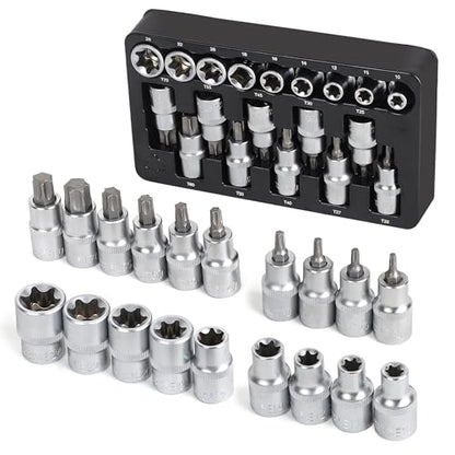 TOPLINE 19-Piece 1/2” Drive E-Torx Socket Set and Torx Bit Socket Set, with Storage case, Premium CR-V Steel, E10-E24, T20-T70, E Socket Set for Mechanic and Home Repair