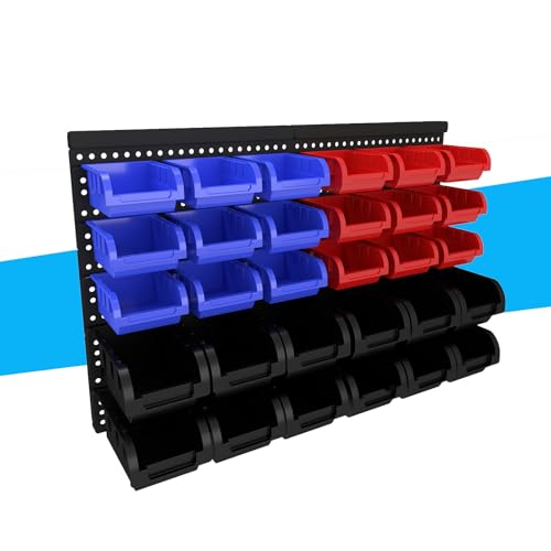 30Pcs Plastic Wall Mounted Storage Bins Parts Rack Nuts And Bolt Bins Organizer For Shop Garage for Screws, Nuts, Bolts, Nails, Beads, and Small Hardware Parts(RED+BLUE+BLACK, 30) - color: Red+Blue+Black, size: 30