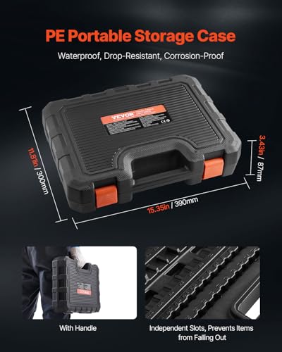 VEVOR Bit Socket Set, 107-Piece SAE and Metric, Hex/Torx/External Torx/Tamper-Proof/Extra Long, S2 Alloy Steel and Cr-V Steel, 1/4 in, 3/8 in, and 1/2 in Drives, with Enhanced Storage Case, Hand Use - style: 107 PCS Hex & Torx & E-Torx