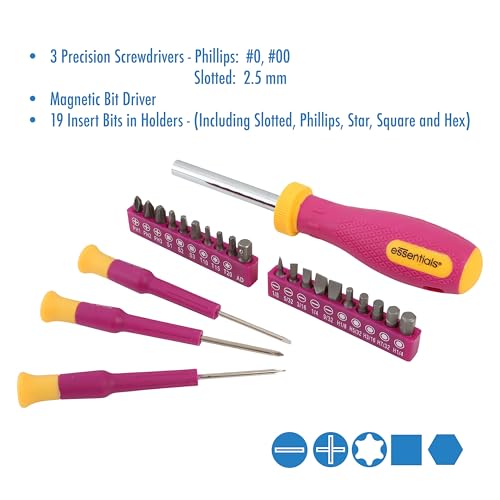 Pink Tool Set 32 Piece, Mini Tool Kit, Home Repair Tool Set with Hammer, Pliers, Adjustable Wrench, Screwdrivers, Tape Measure, Level, and Bits, Dorm Room Essentials for Girls