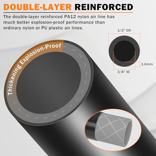 CheeMuii 50 FT 1/2" Double Layer DOT Air Line Premium PA12 Nylon 1/2 Pneumatic Tubing SAE J844 DOT Air Hose 15 Meter 1/2 Inch OD Pneumatic Air Tubing Pipe Hose Line - size: 1/2"OD-50FT-Double Layer