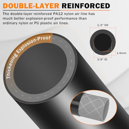CheeMuii 50 FT 1/2" Double Layer DOT Air Line Premium PA12 Nylon 1/2 Pneumatic Tubing SAE J844 DOT Air Hose 15 Meter 1/2 Inch OD Pneumatic Air Tubing Pipe Hose Line - size: 1/2"OD-50FT-Double Layer