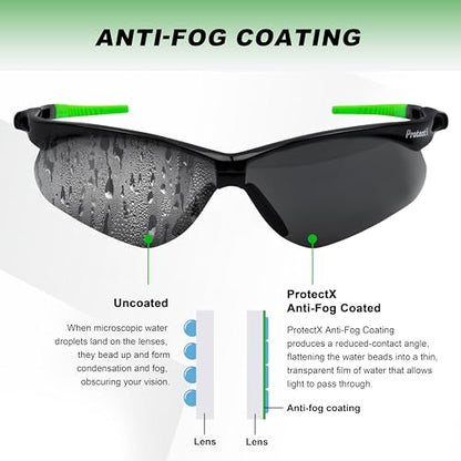 ProtectX Safety Glasses for Men & Women, Safety Sunglasses with Anti-Fog Scratch Resistant Lenses, Non-Slip Grips, ANSI Z87.1 - color: Evergreen Tinted Smoke 6 Pk