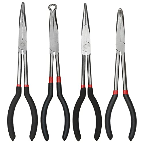 Long Needle Nose Pliers Set - 4 in 1 Bent Needle Nose Pliers 90 Degree - 11 inch Spark Plug Wire Removal Tool for Wire Bending,Shaping,Trimming - style: 4 in 1