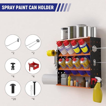 Wall Mount Spray Can Holder, Aerosol Spray Bottle Holder Storage Rack, Heavy-Duty Paint Bottle Organizer with 8 Can Holes & 4 Steel Hooks, 4 Plastic Hooks for Garage, Shop, Home or Tool Trailer - style: A-Spray Can Rack
