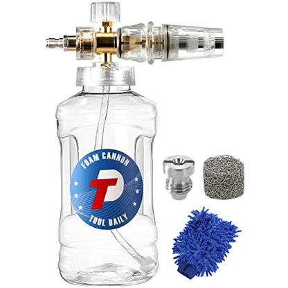 Tool Daily Pressure Washer Foam Cannon, Adjustable Snow Foam Lance, 1.5 L | Clear Foam Blaster with M22 and 1/4" Quick Connector, Wide Mouth, Additional Orifice Nozzle 1.1mm, Car Wash Mitt, 3600 PSI - color: Transparent