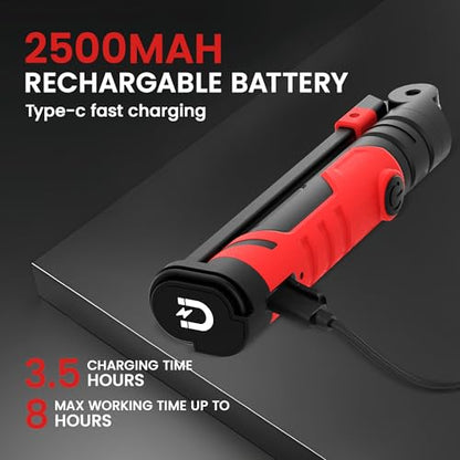 Rechargeable Work Light 2500mAh Magnetic LED Work Light Flashlight Mechanic Light Tool for Men Him, Foldable Lamp with Hook for Car Repair Emergency BBQ Grill (2 Pack) - style: 600 Lumens + 600 Lumens