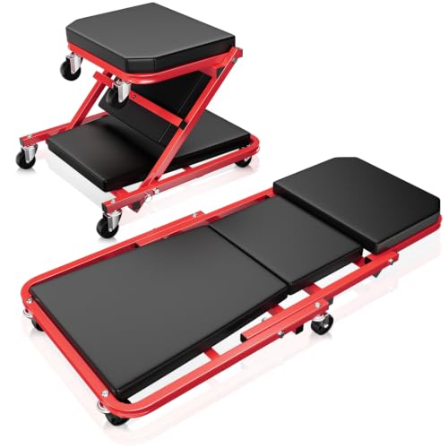Auto Dynasty 36" Z-Creeper Seat, 2-in-1 Foldable Garage Creeper Shop Seat, 330 LBS Capacity Automotive Mechanic Repair Under Car Rolling Creeper Seat, Red - color: Red, size: 36 Inch